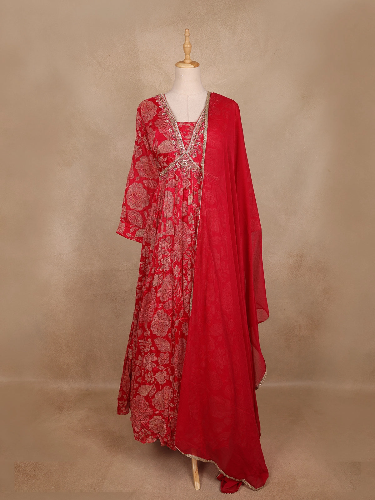 Red Floral Embroidered Design Georgette Gown With Dupatta