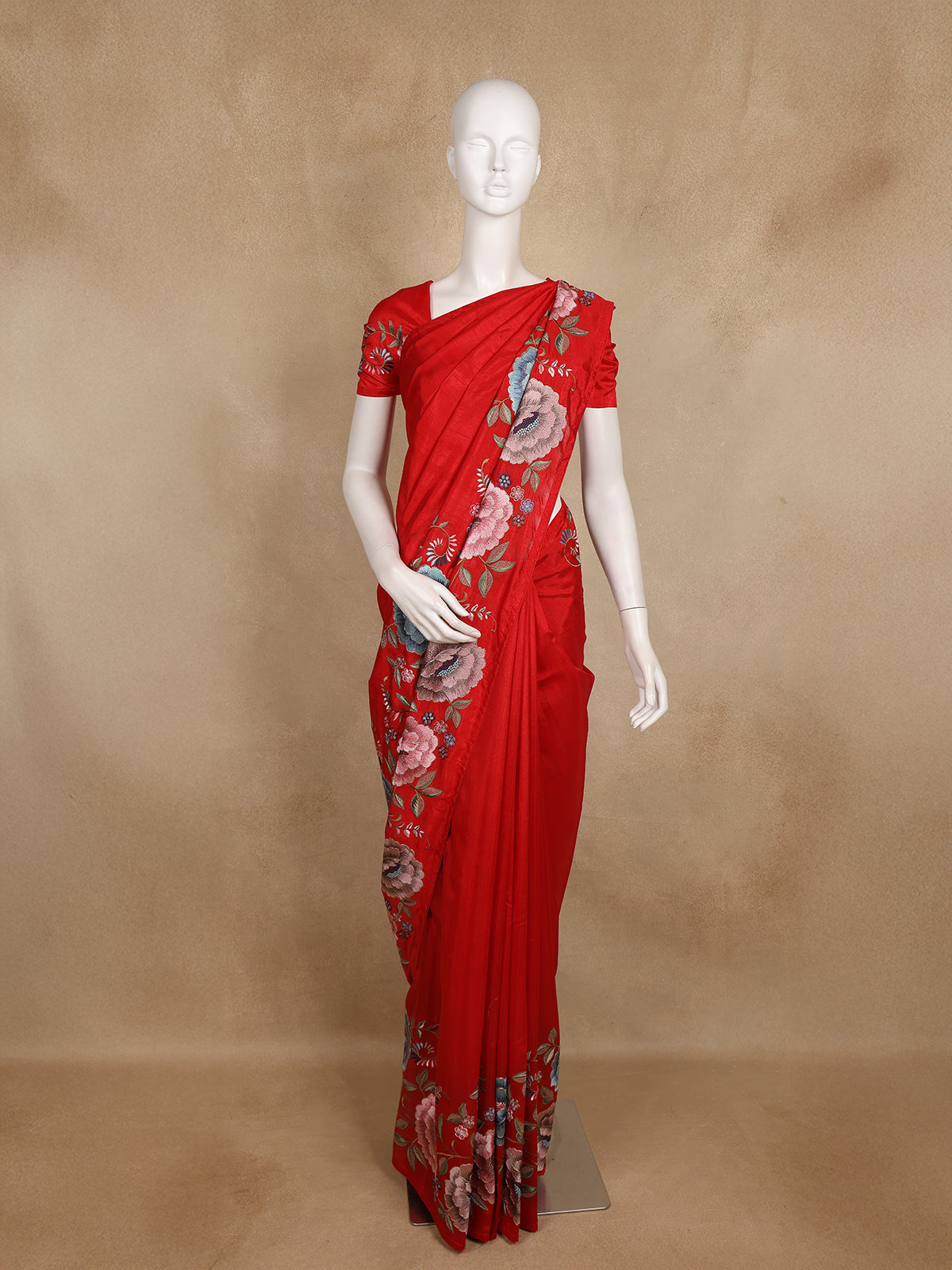 Red Floral Embroidered Design Tussar Saree