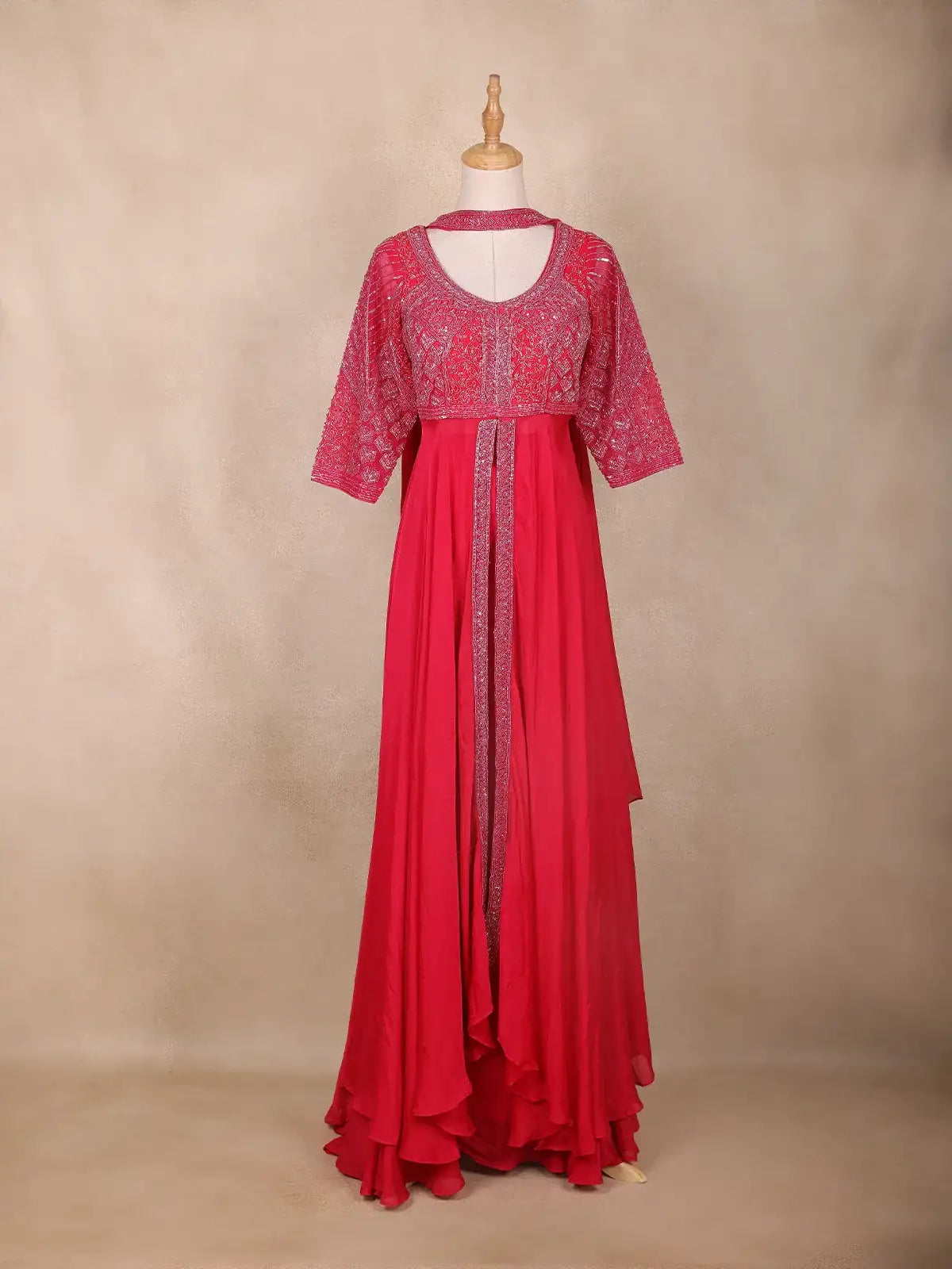 Red Floral Embroidered Georgette Palazzo Suit - Diadem