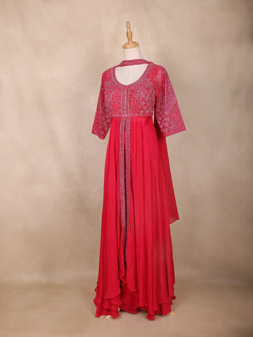 Red Floral Embroidered Georgette Palazzo Suit - Diadem