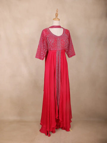 Red Floral Embroidered Georgette Palazzo Suit - Diadem