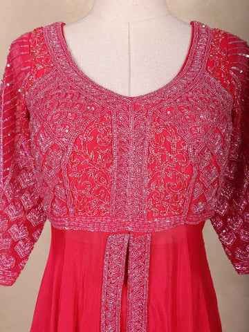 Red Floral Embroidered Georgette Palazzo Suit - Diadem