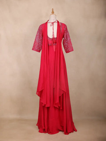 Red Floral Embroidered Georgette Palazzo Suit - Diadem