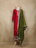 Red Floral Embroidered Silk Anarkali Salwar Suit With Olive Green Dupatta - Diadem