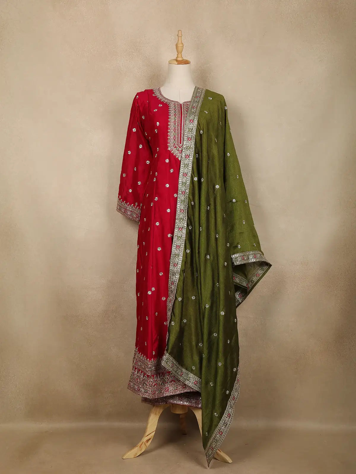 Red Floral Embroidered Silk Anarkali Salwar Suit With Olive Green Dupatta - Diadem