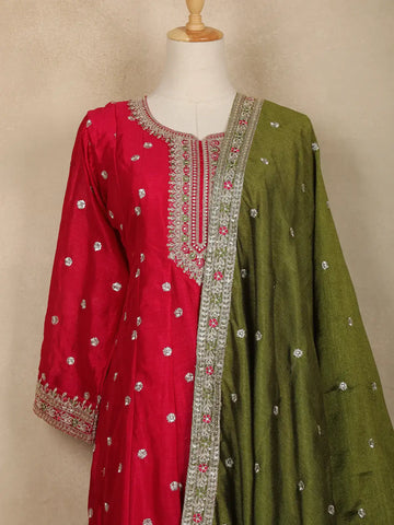 Red Floral Embroidered Silk Anarkali Salwar Suit With Olive Green Dupatta - Diadem