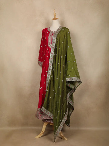Red Floral Embroidered Silk Anarkali Salwar Suit With Olive Green Dupatta - Diadem