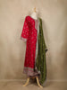 Red Floral Embroidered Silk Anarkali Salwar Suit With Olive Green Dupatta - Diadem