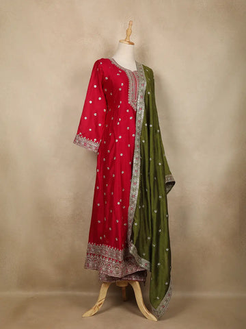 Red Floral Embroidered Silk Anarkali Salwar Suit With Olive Green Dupatta - Diadem
