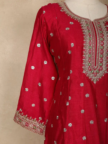 Red Floral Embroidered Silk Anarkali Salwar Suit With Olive Green Dupatta - Diadem