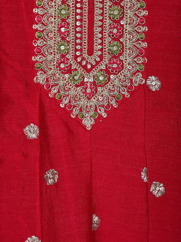 Red Floral Embroidered Silk Anarkali Salwar Suit With Olive Green Dupatta - Diadem