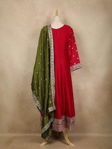 Red Floral Embroidered Silk Anarkali Salwar Suit With Olive Green Dupatta - Diadem