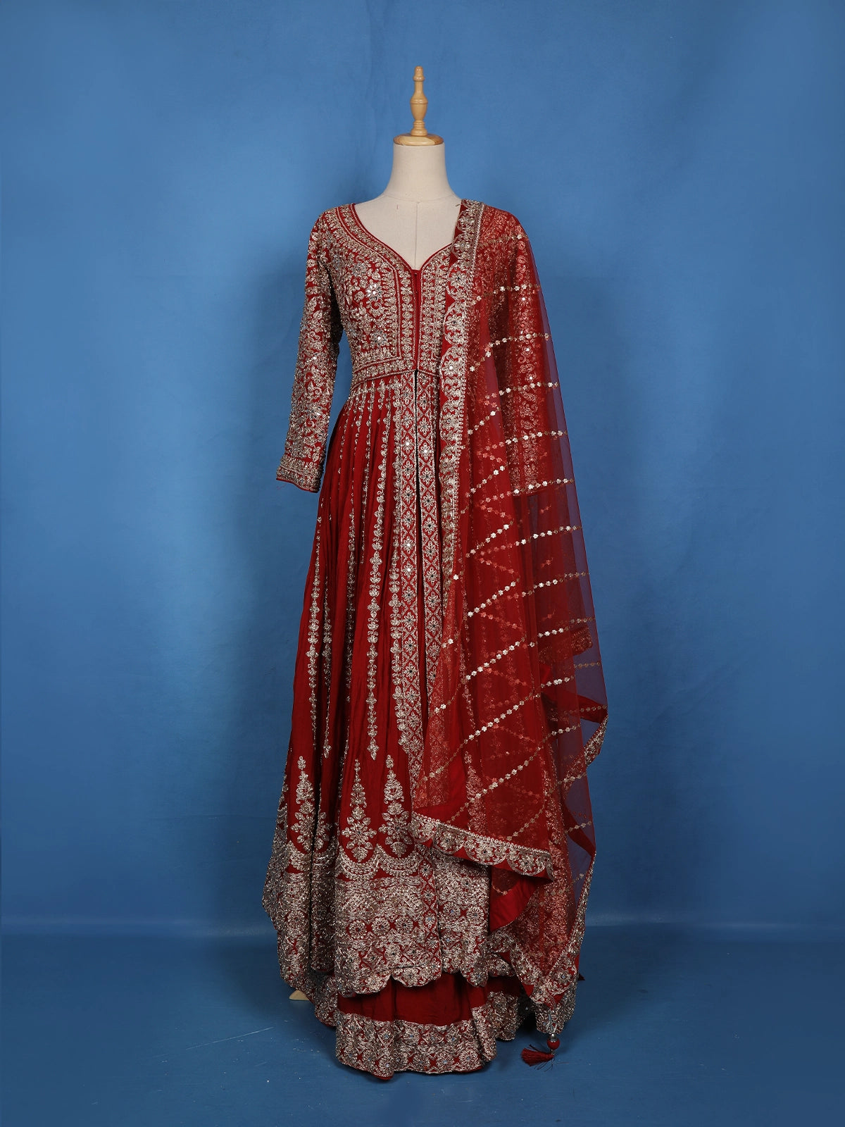 Red Floral Embroidered Tissue Silk Lehenga With Dupatta