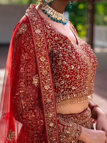 Red Floral Embroidery Bridal Net Lehenga - Diadem