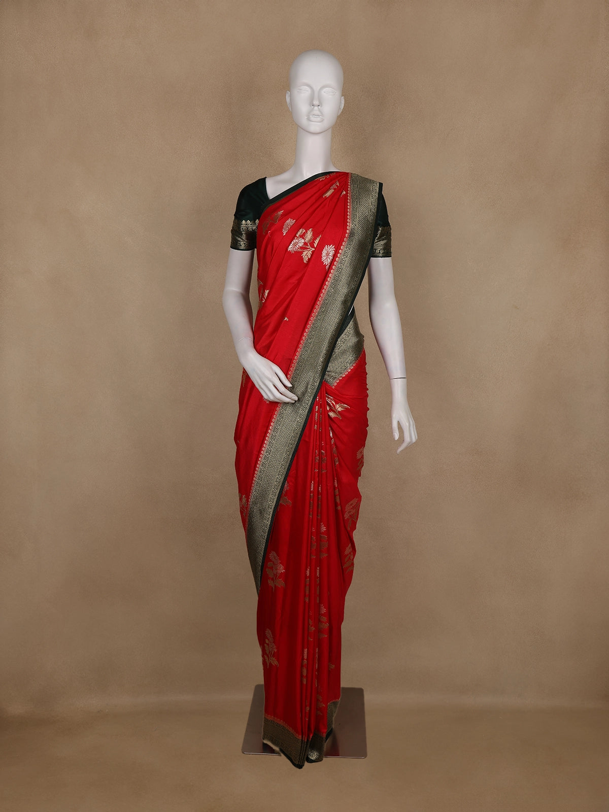 Red Floral Motif Design Semi Banarasi Silk Saree