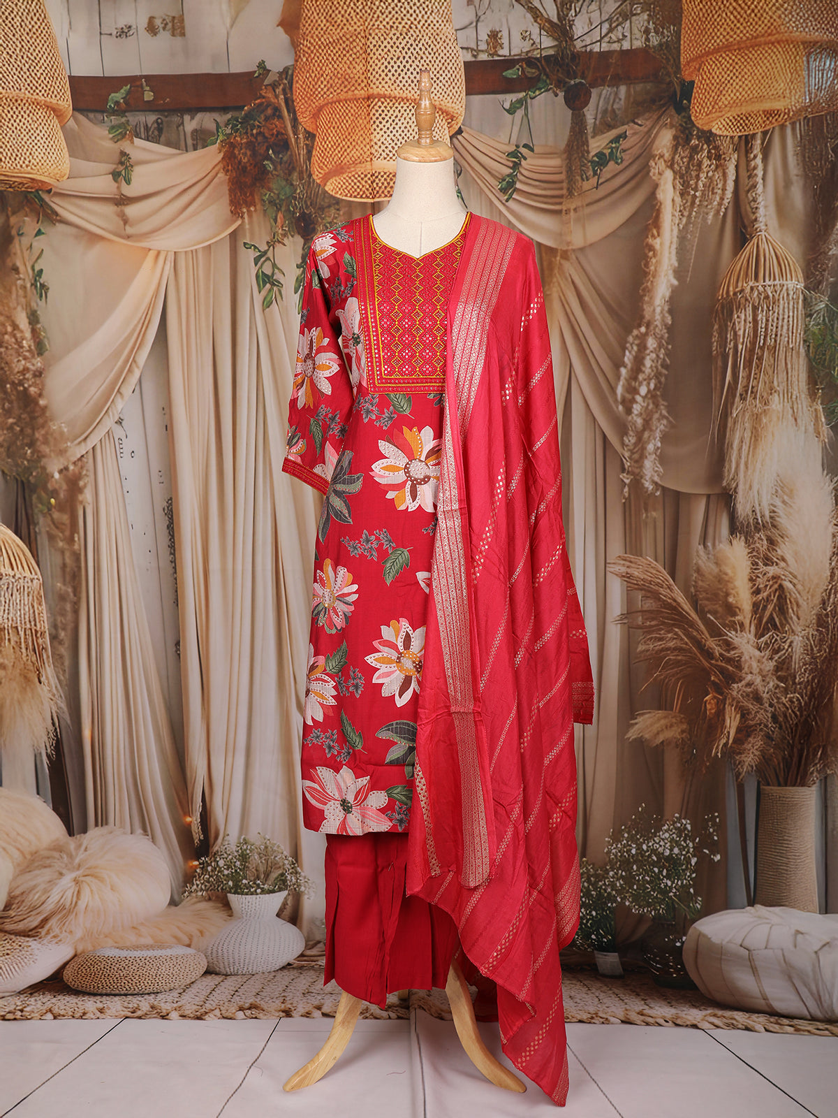Red Floral Printed Cotton Salwar Suit with Embroidered Yoke and Dupatta