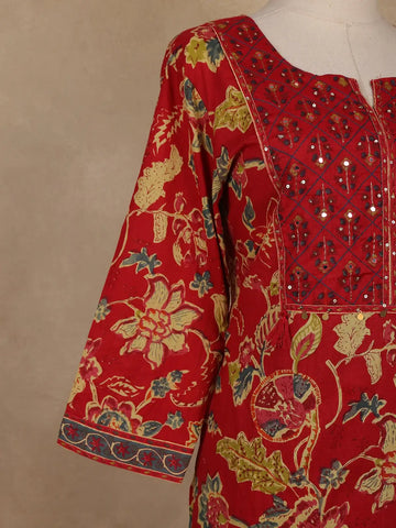 Red Floral Printed Cotton Salwar Suit with Dupatta – Daily & Festive Wear - Diadem