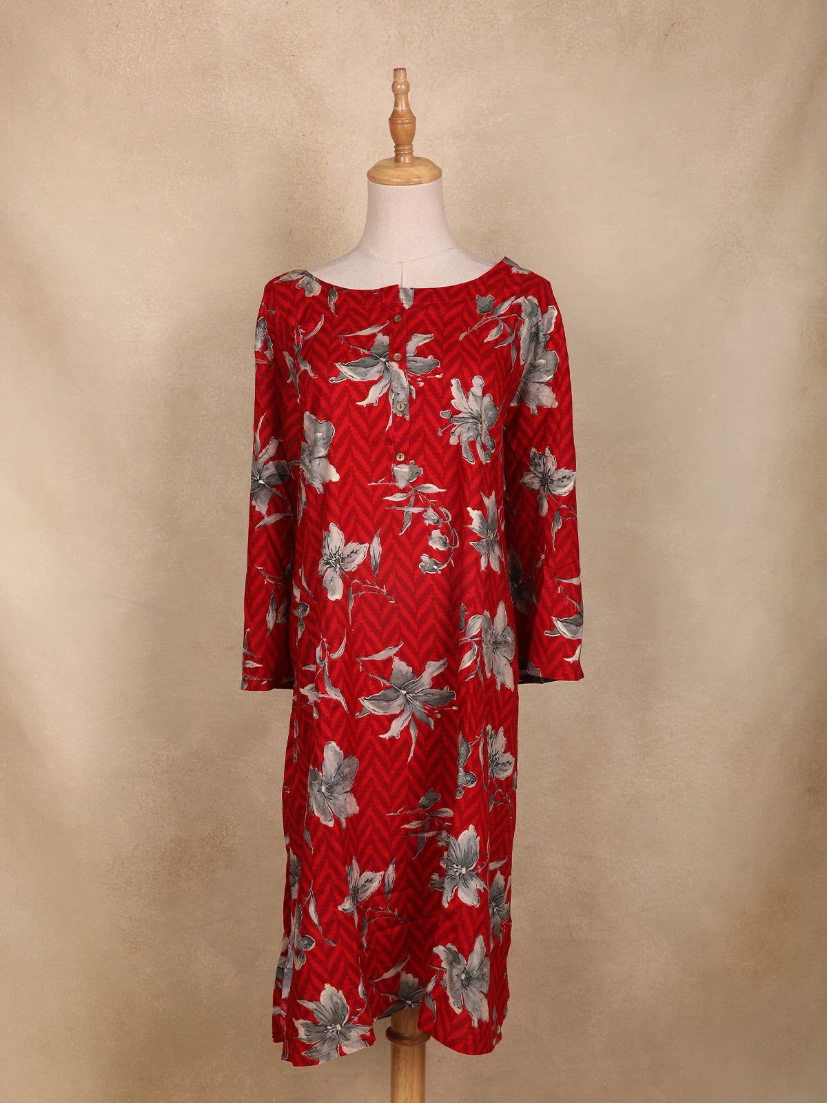 Red Floral Printed Design Cotton Kurti