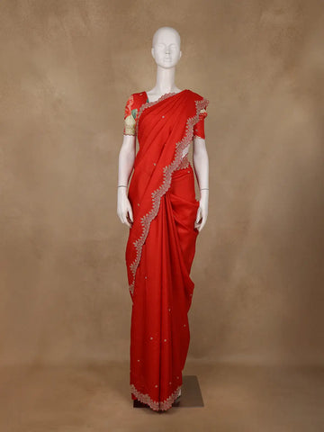 Red Floral Printed Design Pure Tissue Silk Saree - Diadem