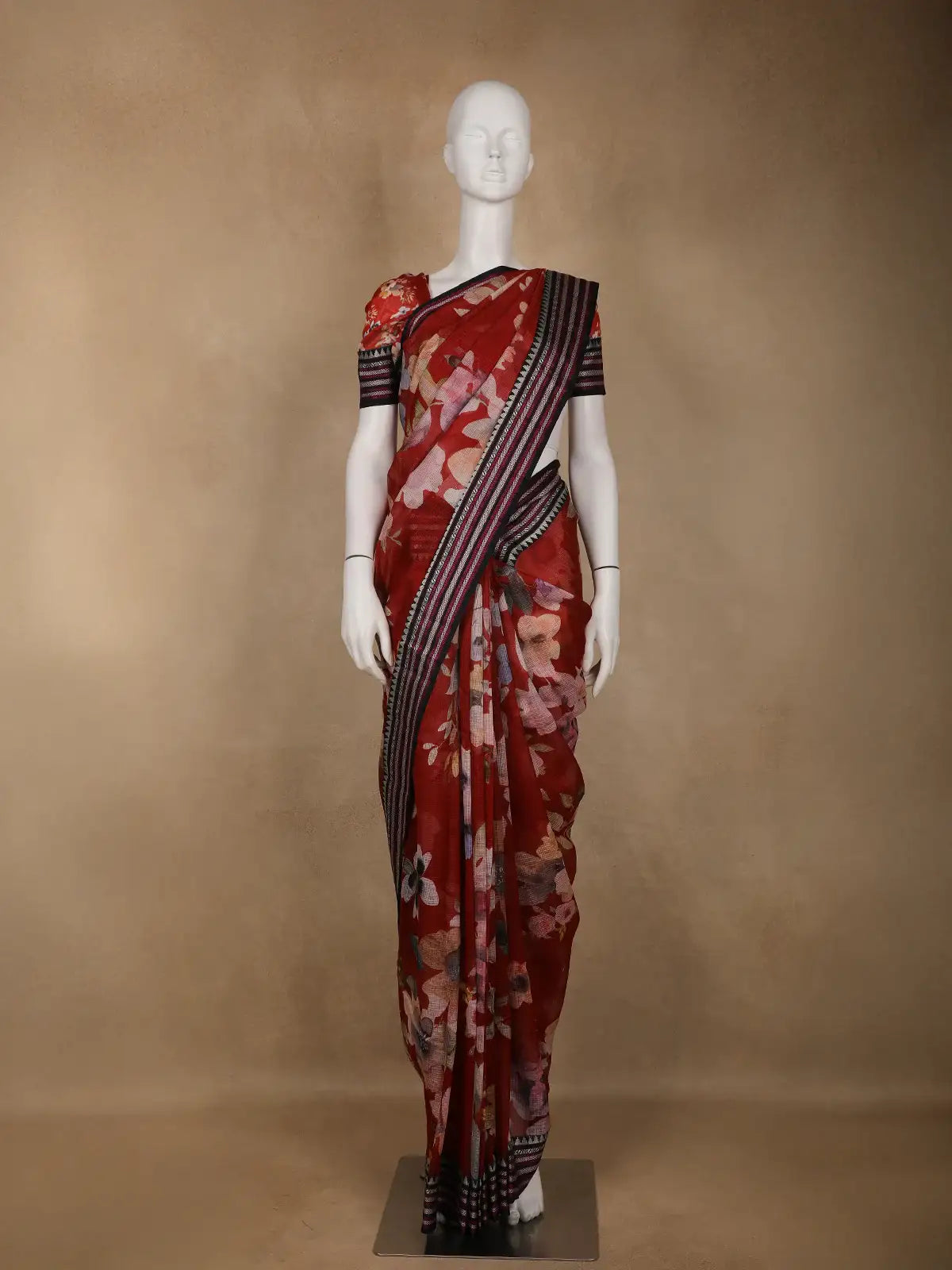 Red Floral Printed Kota Cotton Saree - Diadem