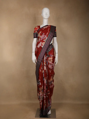 Red Floral Printed Kota Cotton Saree - Diadem