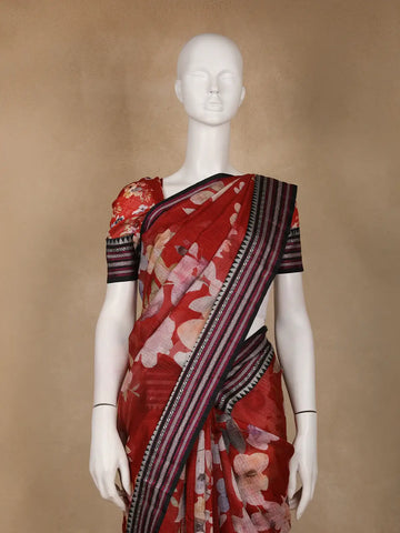 Red Floral Printed Kota Cotton Saree - Diadem