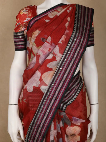 Red Floral Printed Kota Cotton Saree - Diadem