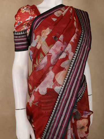 Red Floral Printed Kota Cotton Saree - Diadem