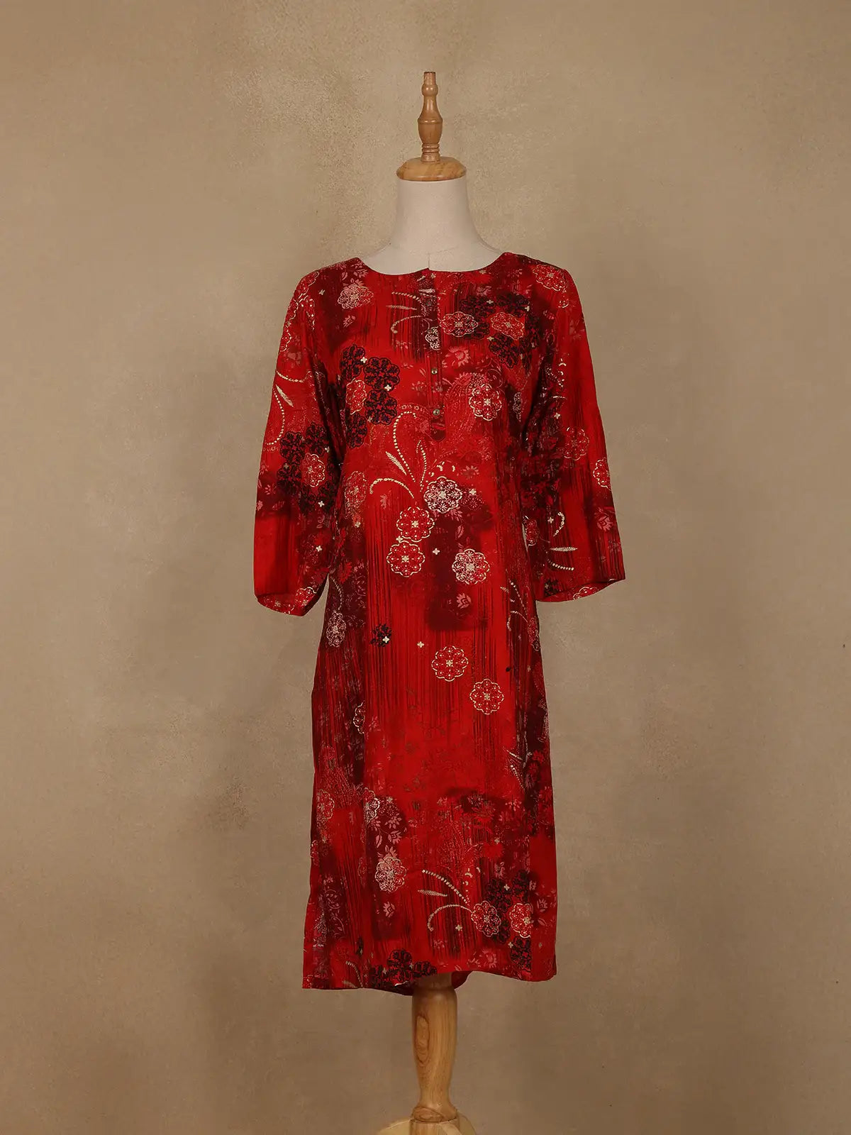 Red Floral Printed Rayon Kurti - Diadem