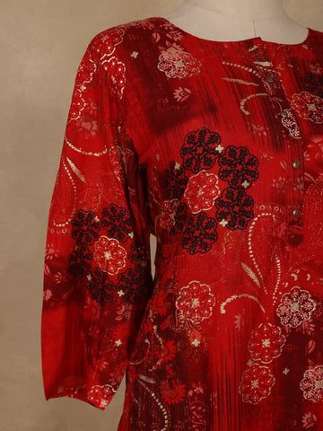 Red Floral Printed Rayon Kurti - Diadem