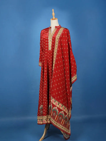 Red Floral Printed Synthetic Salwar Suit - Diadem