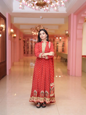Red Floral Printed Synthetic Salwar Suit - Diadem