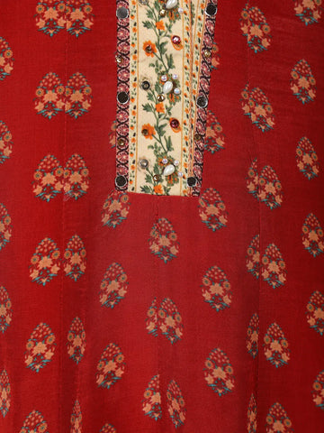 Red Floral Printed Synthetic Salwar Suit - Diadem