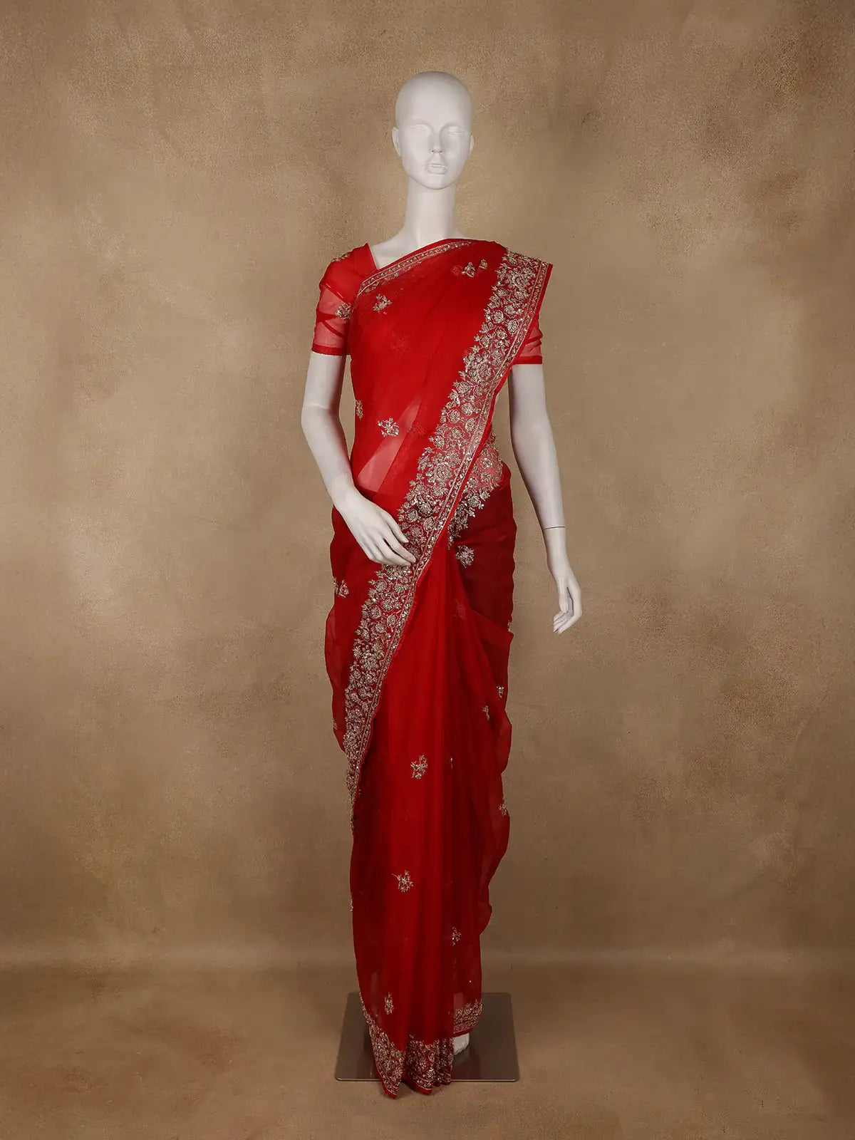 Red Floral Sequins Designed Net Saree - Diadem