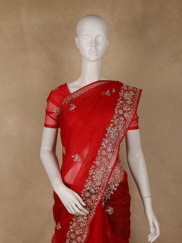 Red Floral Sequins Designed Net Saree - Diadem