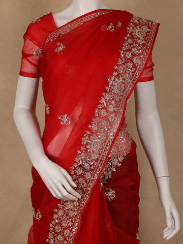 Red Floral Sequins Designed Net Saree - Diadem