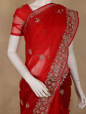 Red Floral Sequins Designed Net Saree - Diadem