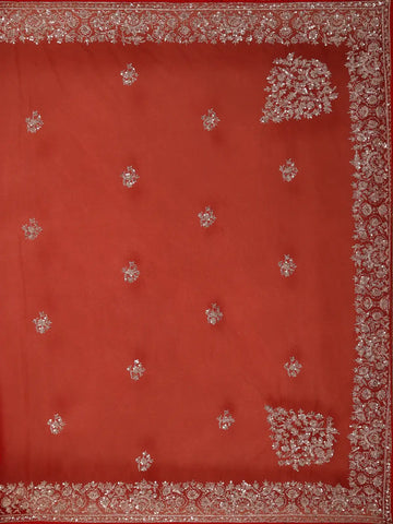 Red Floral Sequins Designed Net Saree - Diadem