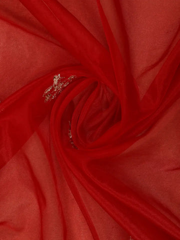 Red Floral Sequins Designed Net Saree - Diadem