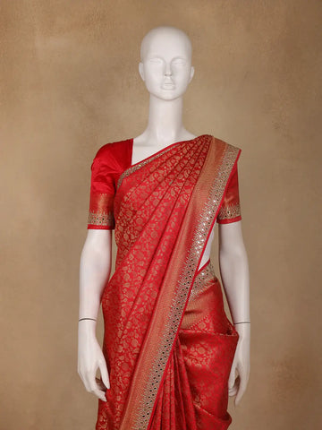 Red Floral Woven Banarasi Silk Saree - Diadem