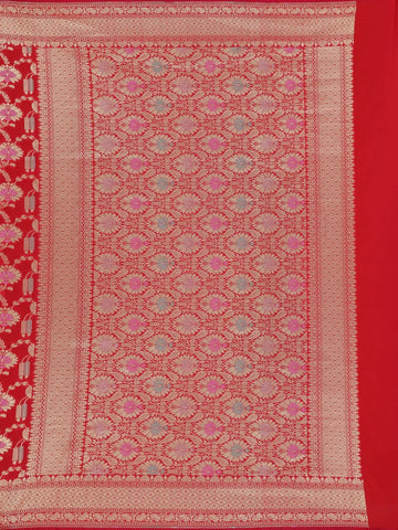 Red Floral Woven Banarasi Silk Saree With Zari Border - Diadem