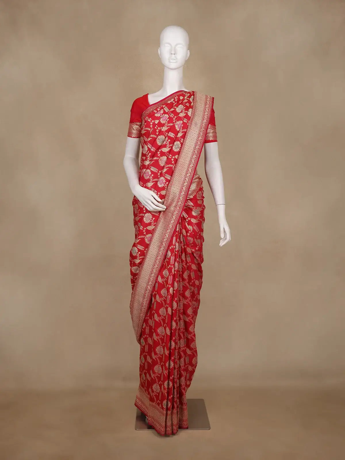 Red Floral Woven Banarasi Silk Saree With Zari Border - Diadem