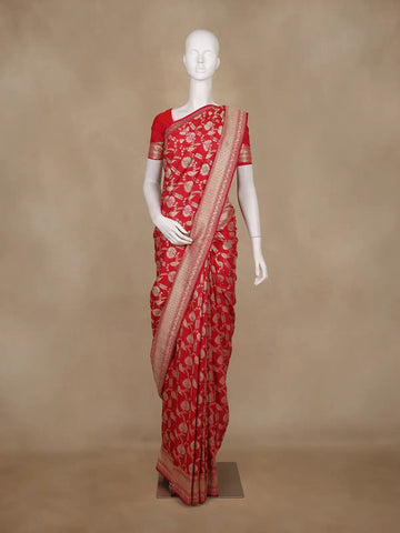 Red Floral Woven Banarasi Silk Saree With Zari Border - Diadem