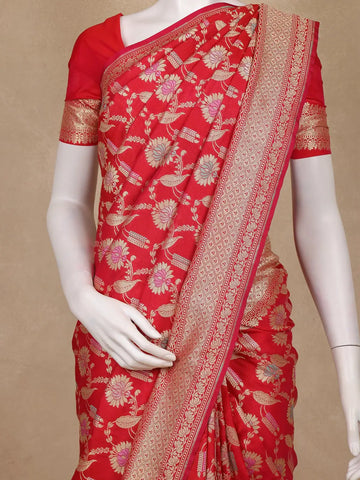 Red Floral Woven Banarasi Silk Saree With Zari Border - Diadem
