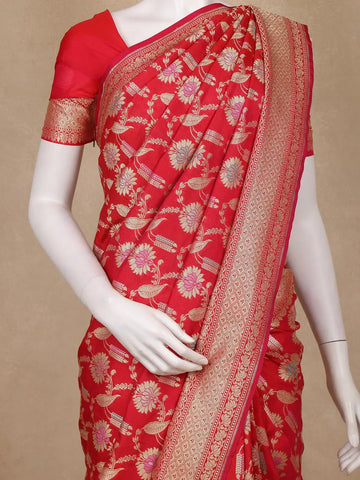 Red Floral Woven Banarasi Silk Saree With Zari Border - Diadem