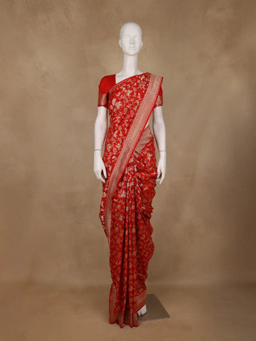 Red Floral Woven Design Pure Banarasi Saree - Diadem