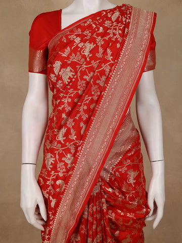 Red Floral Woven Design Pure Banarasi Saree - Diadem