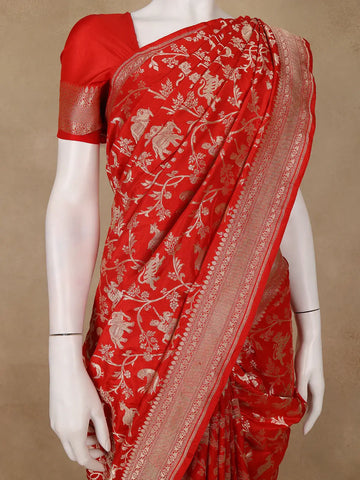 Red Floral Woven Design Pure Banarasi Saree - Diadem