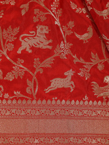 Red Floral Woven Design Pure Banarasi Saree - Diadem