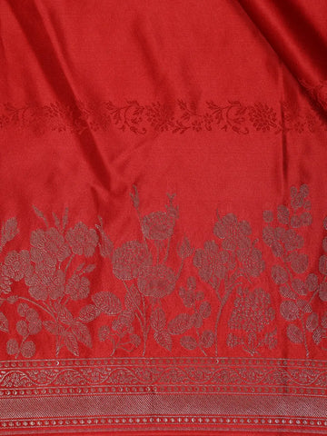 Red Floral Woven Banarasi Silk Saree With Silver Zari Border - Diadem